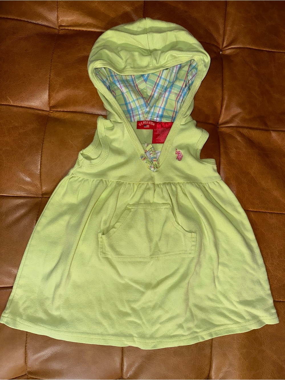 U.S. Polo Assn. Girls' Lime Hooded Sleeveless Dress with Plaid Lining